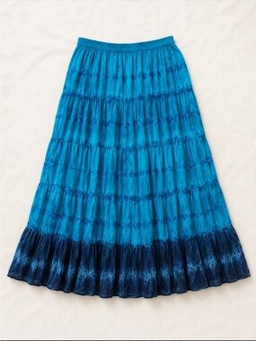 NY Collection Blue Tie Dye Tiered Maxi Skirt Size Medium Boho Cotton Ruffle Hem